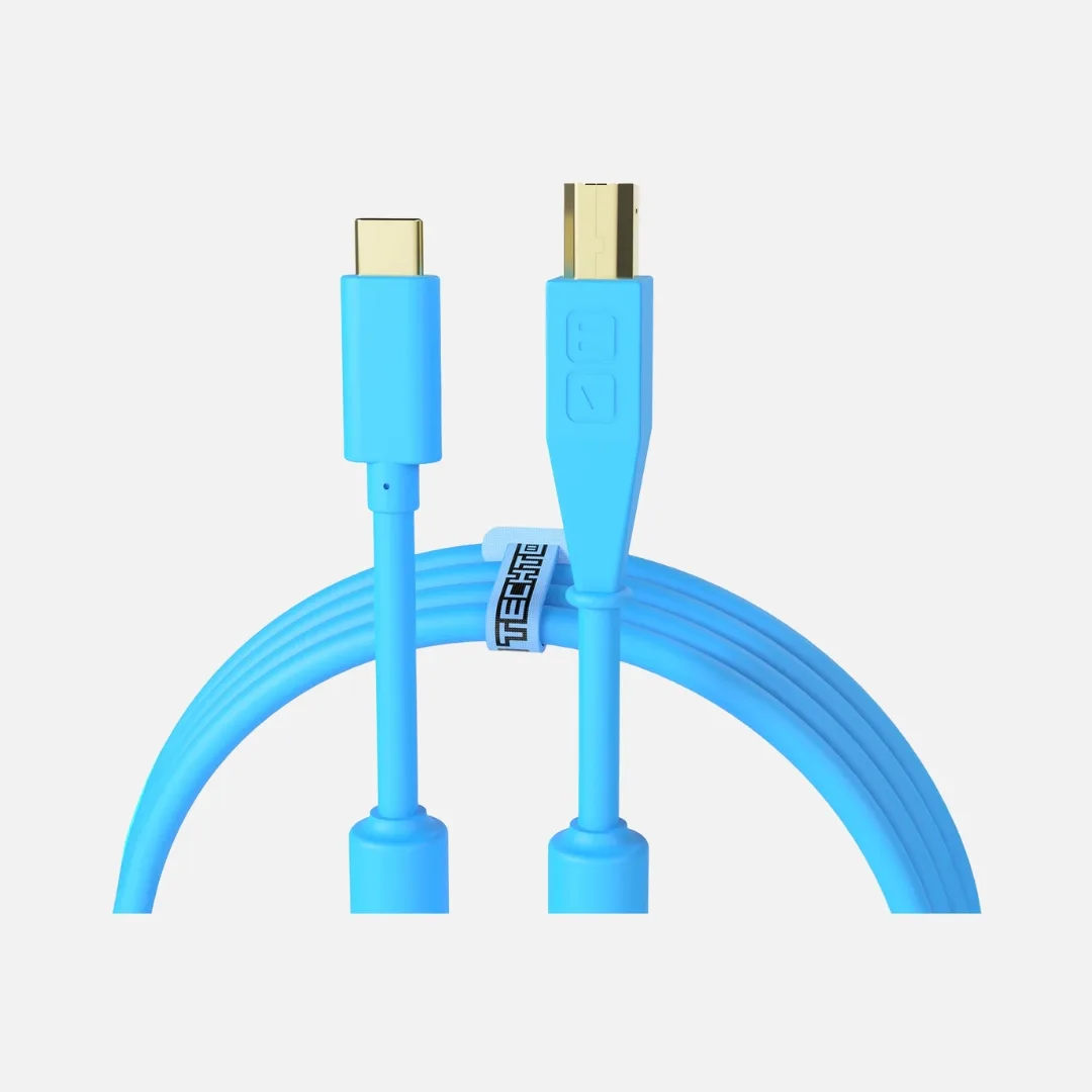 Blue DJTT Chroma Cables USB C to B cable, designed for high-quality audio and data transfer.