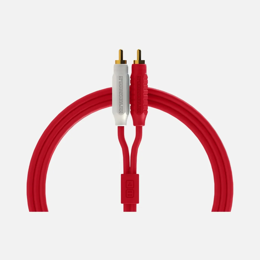 Red RCA to RCA Chroma Cables by DJTT, designed for high-quality audio connections.