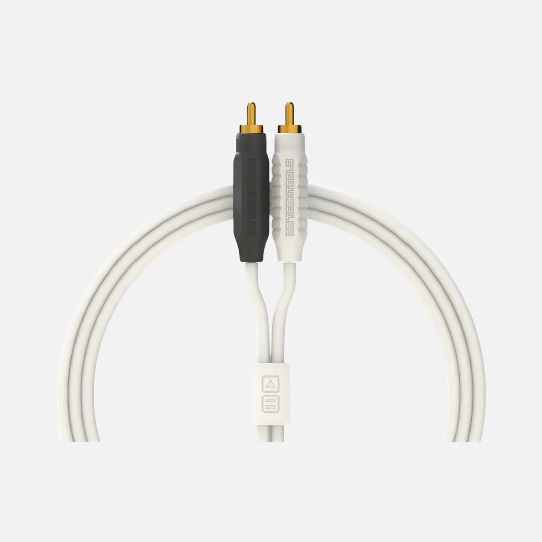 White RCA to RCA Chroma Cables by DJTT, designed for high-quality audio connections.
