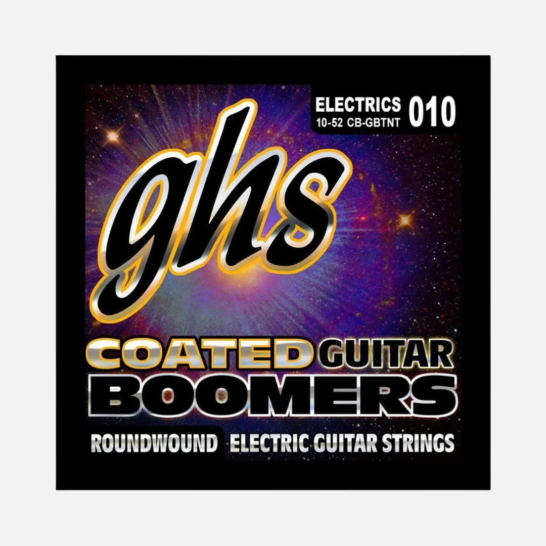 GHS CB-GBTNT Thin-Thick Coated Boomers 10-52 electric guitar strings in packaging, showcasing their unique design and gauge.