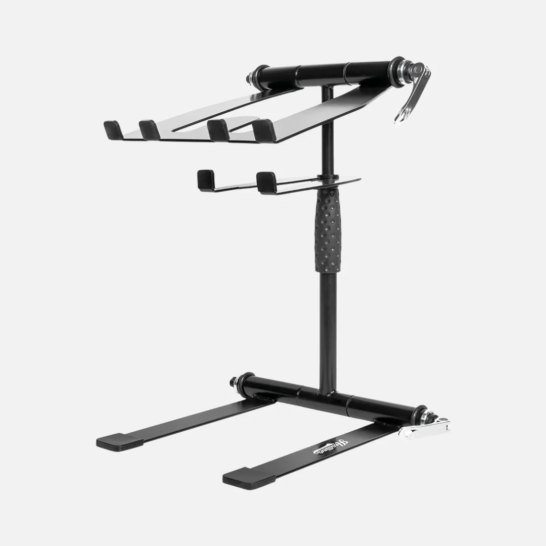 Black Headliner Digistand Pro Folding DJ Laptop Stand, model HL20005, designed for stability and portability.
