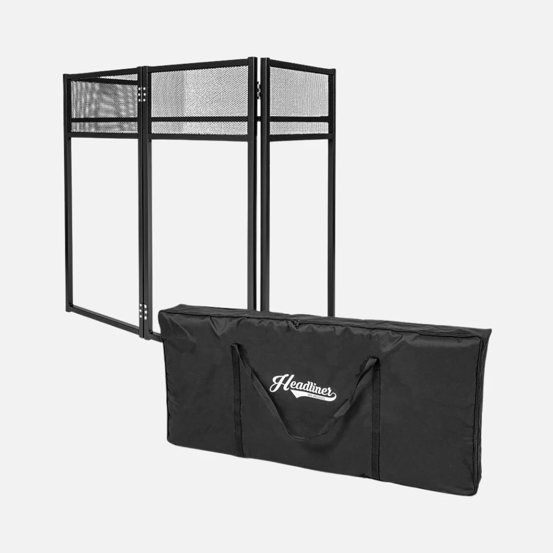 Headliner Huntington is a portable DJ booth with a sleek design, featuring adjustable height and built-in storage for equipment and cables.