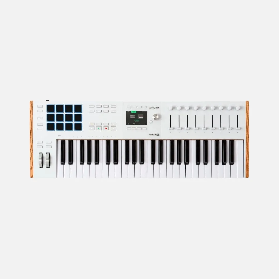 Arturia KeyLab 49 MK3 MIDI controller in white, featuring 49 keys and various control knobs for music production.