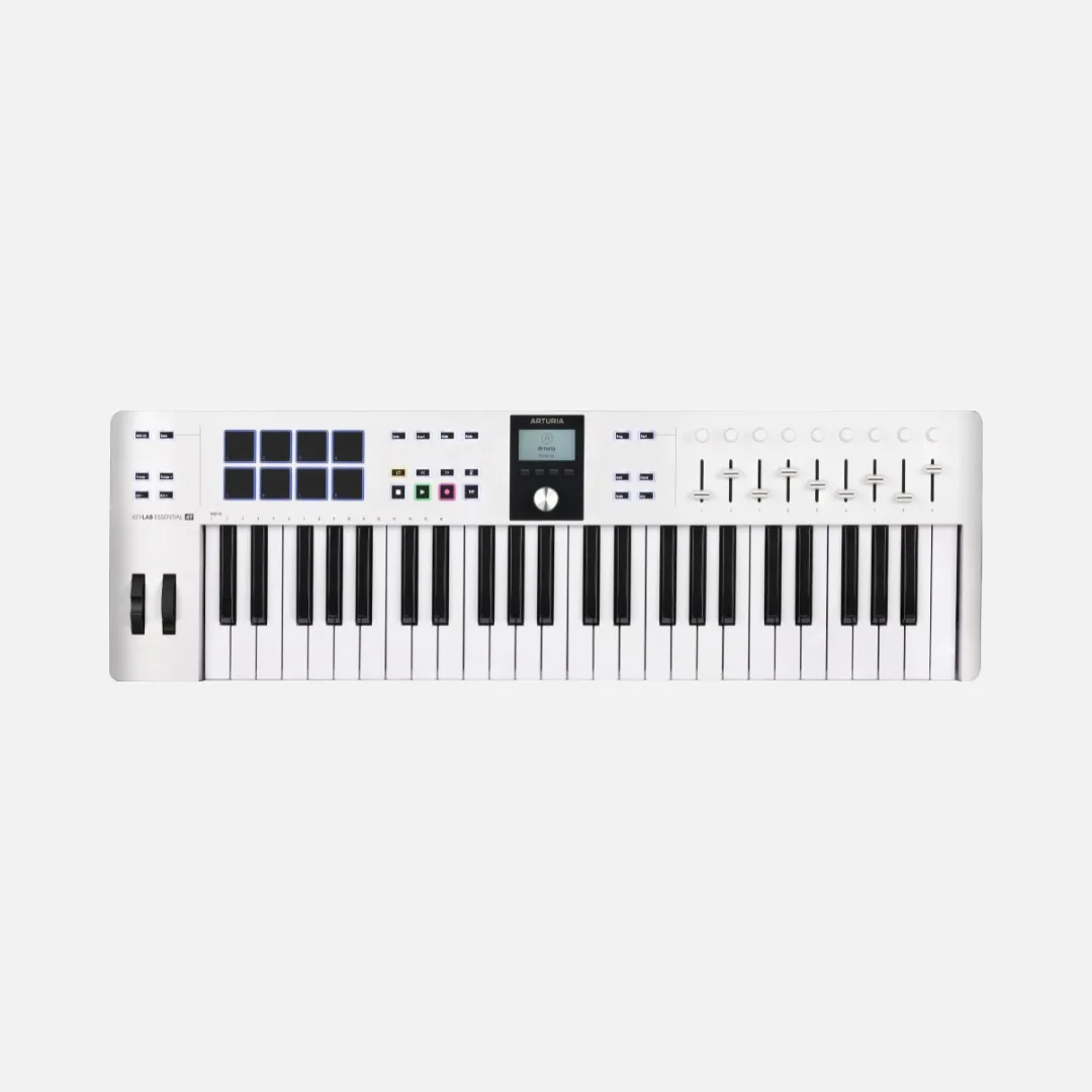 Arturia KeyLab Essential mk3 49-key white keyboard controller with various knobs and buttons for music production.