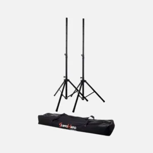 Bespeco SH80NP is a pair of pneumatic speaker stands with a carrying pouch, designed for easy transport and setup.