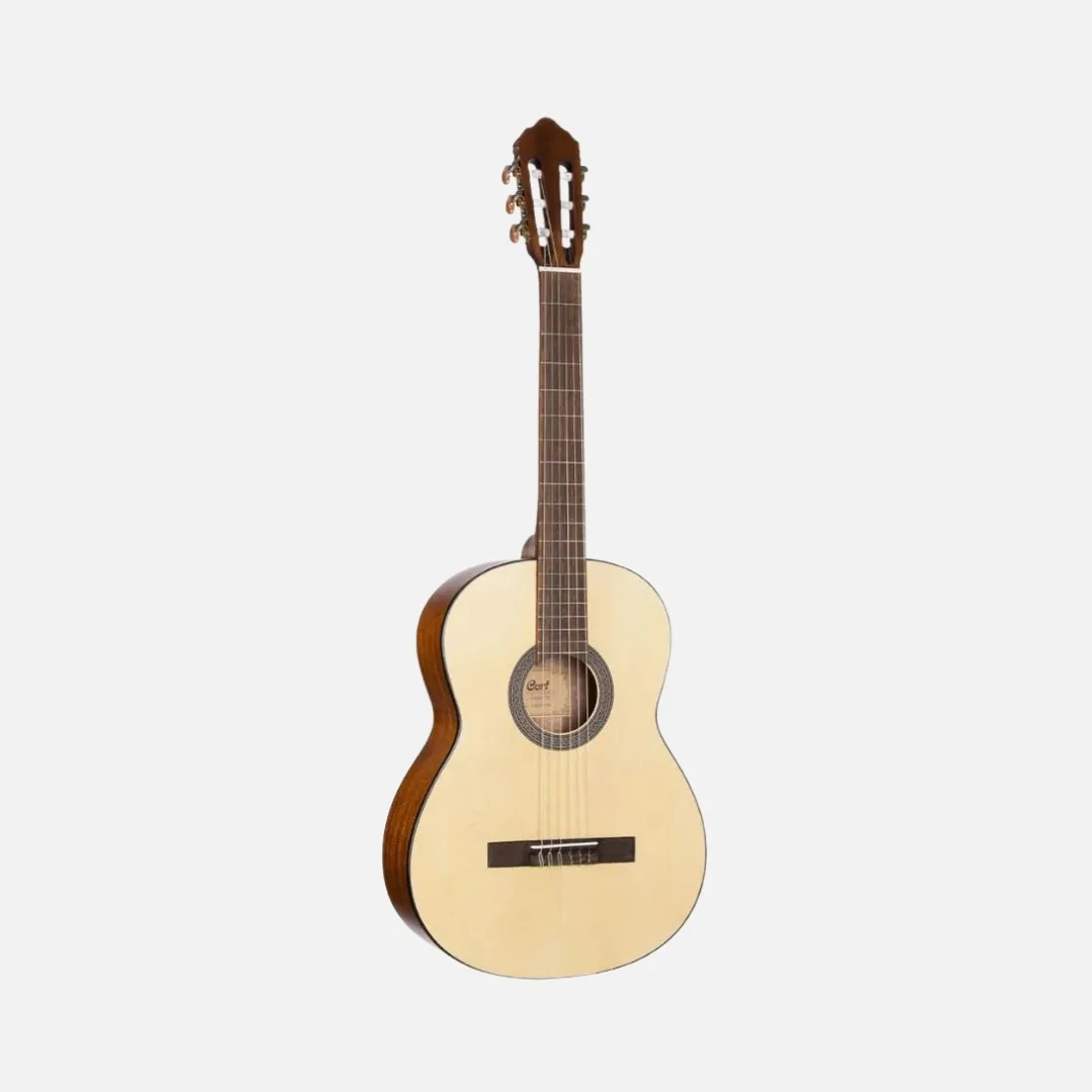 Cort AC100DX Classic Body Classical Guitar with an open pore finish, showcasing its elegant design and craftsmanship.