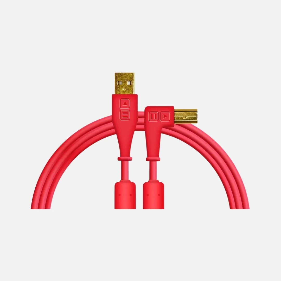 DJ TechTools red USB A to B angled cable featuring two ends for connecting devices.