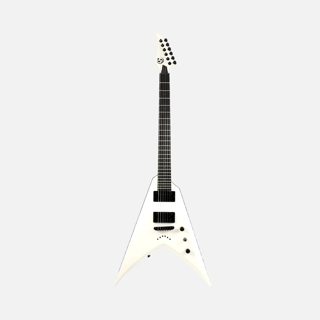 S by Solar VB4.6W white electric guitar with a sleek black pickguard, highlighting its stylish and modern appearance.