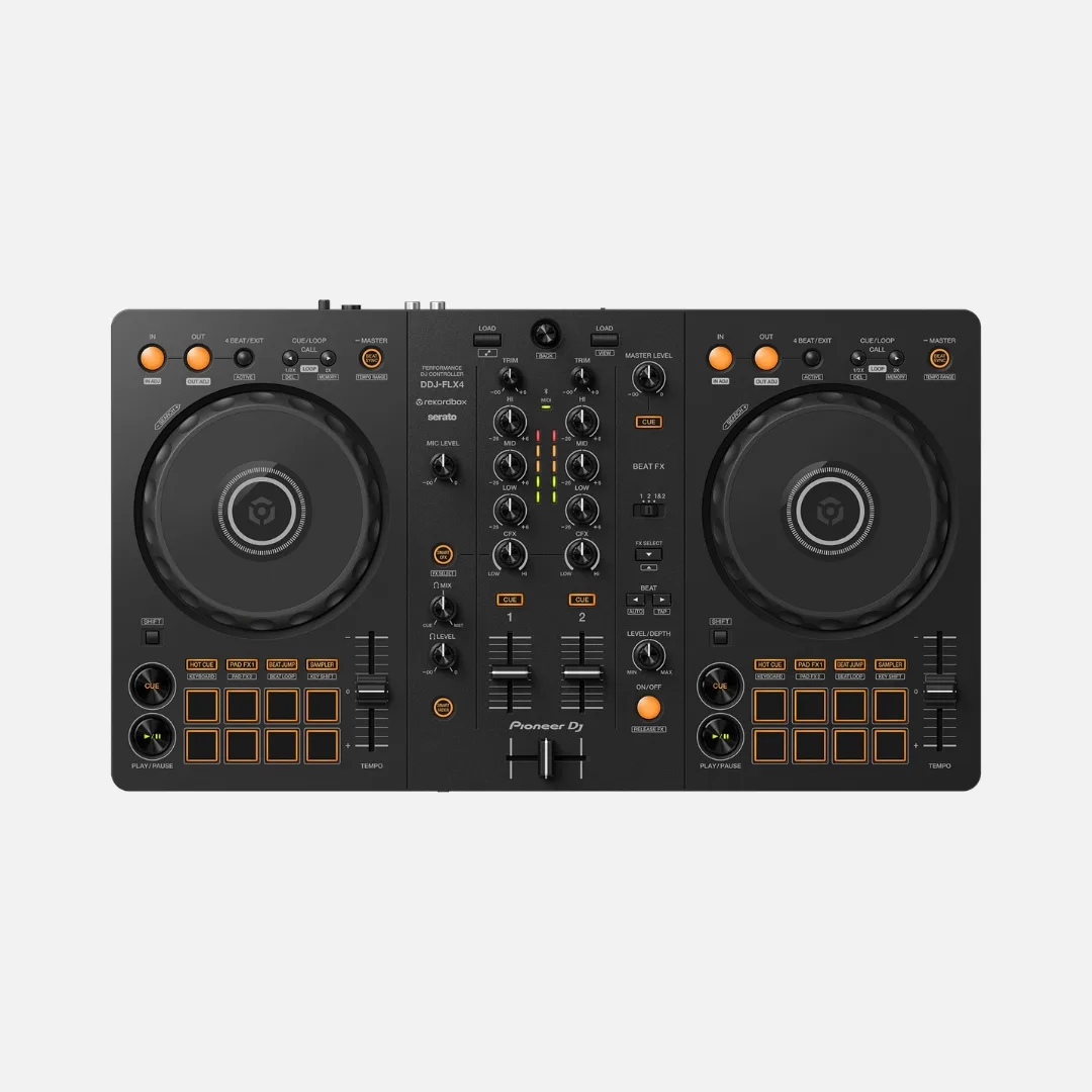 Pioneer DJ DDJ-FLX4, a compact 2-channel controller for Rekordbox and Serato DJ, designed for easy portability and use.