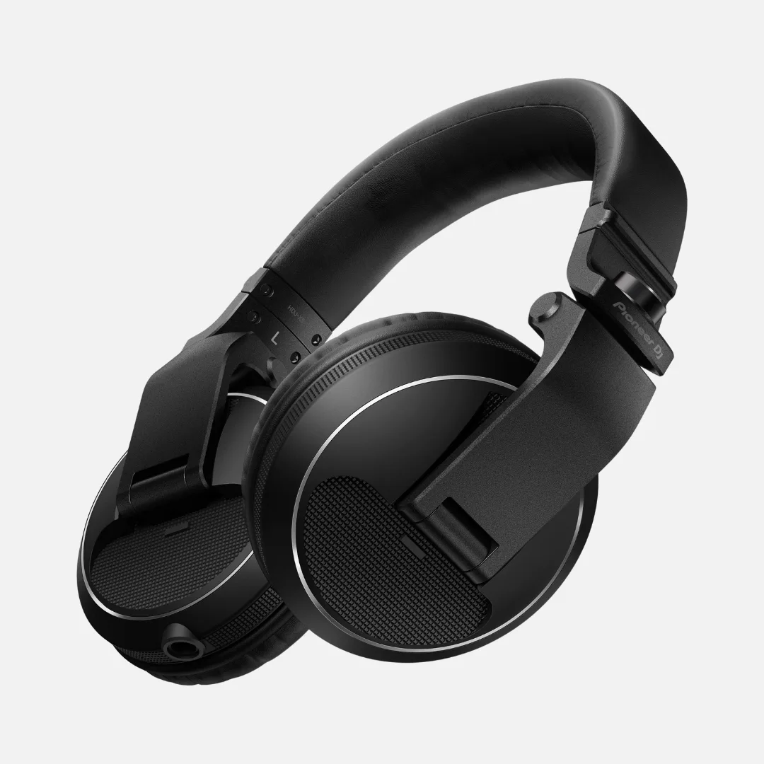 Black Pioneer DJ HDJ-X5 professional DJ headphones with cushioned ear pads and adjustable headband for comfort.