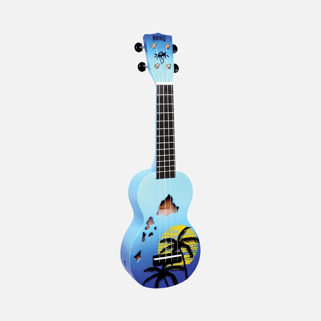 Mahalo Ukulele Designer Series in Hawaii Blue Burst, featuring a vibrant blue finish and intricate design details.