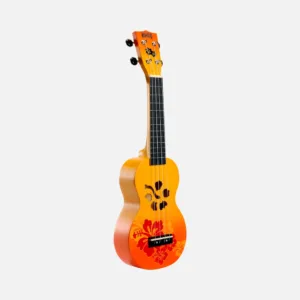Mahalo Ukulele Designer Series Hibiscus in Orange Burst, featuring vibrant colors and a floral design on the body.