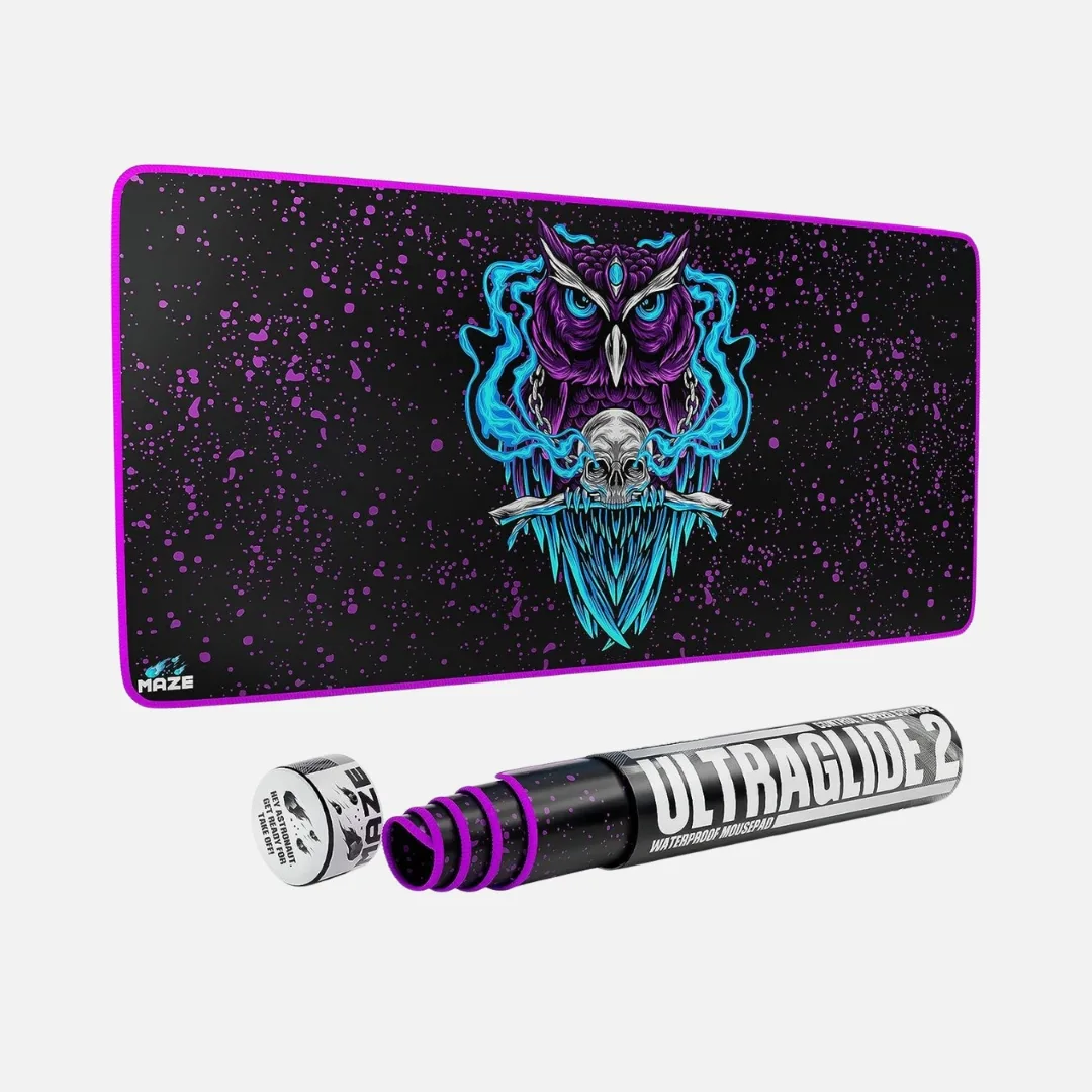 Night owl-themed 2XL mousepad, designed for gamers and professionals, offering a spacious surface for smooth mouse navigation.