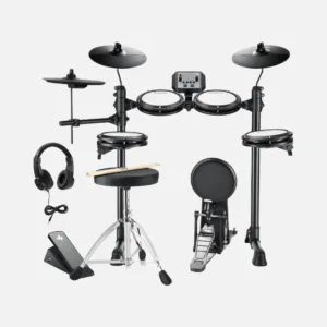 Donner DED-80P electronic drum set with 5 drums, 3 cymbals, drum throne, sticks, and headphones included.