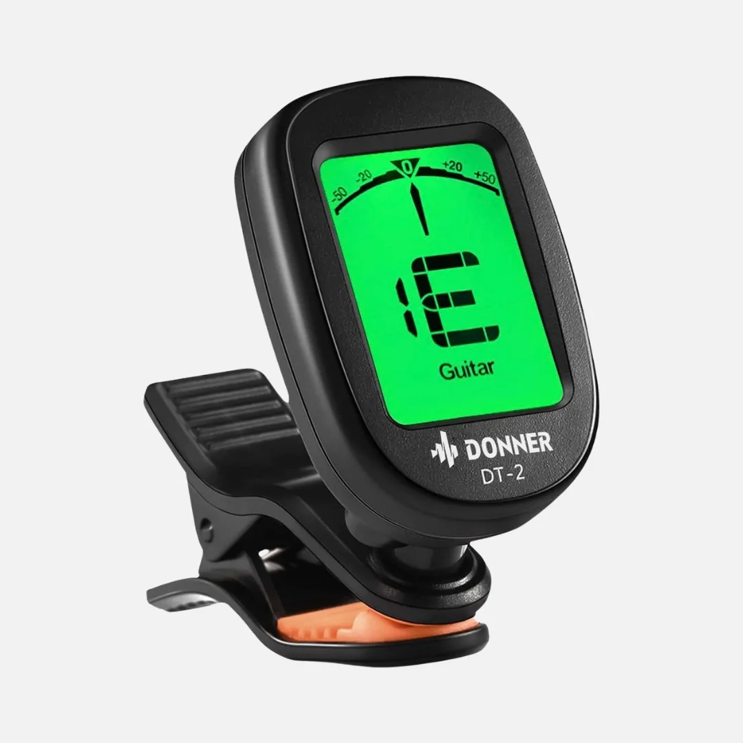Donner DT-2 clip-on chromatic tuner for acoustic guitars, featuring a clear display and accurate tuning capabilities.
