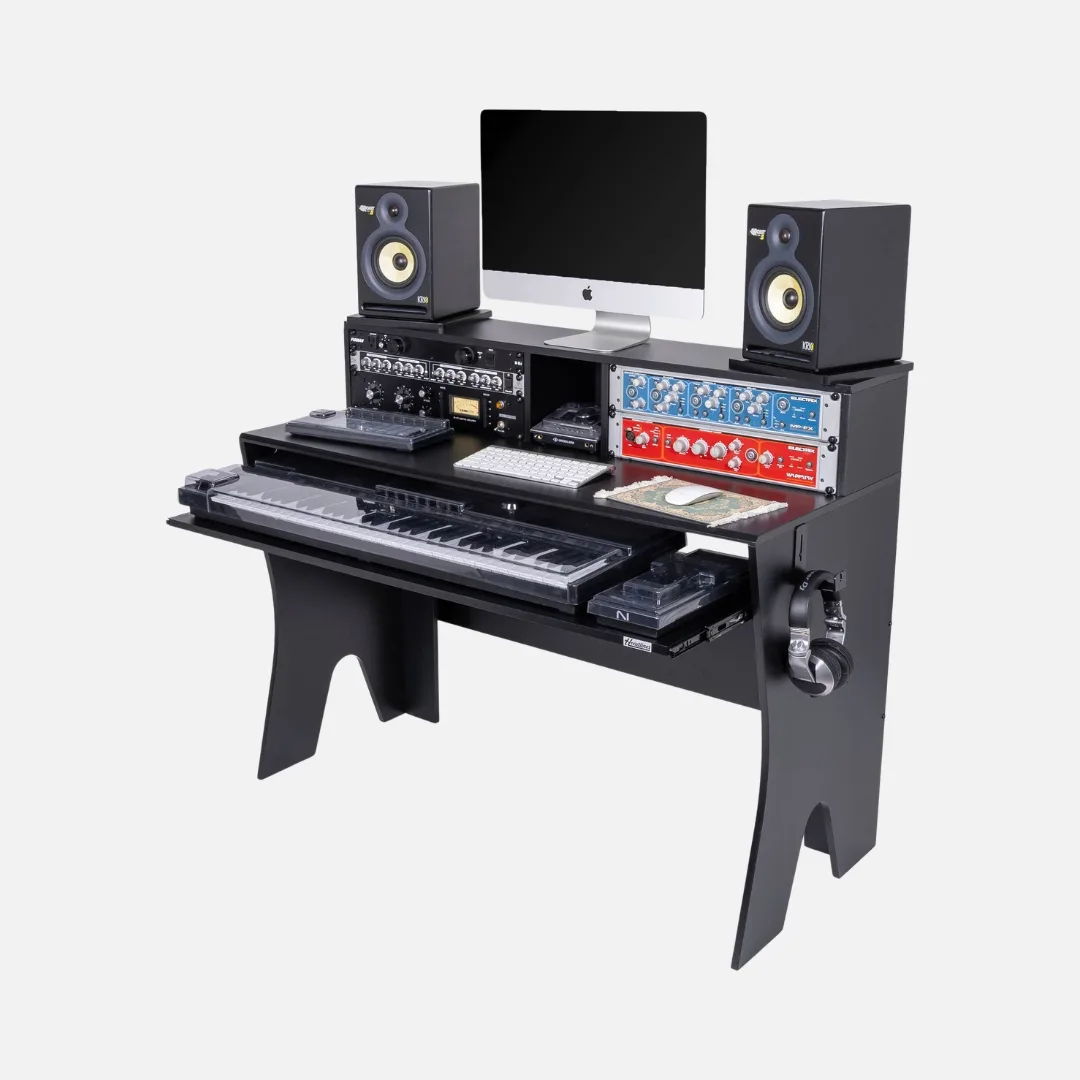 Headliner Sunset Production Desk - HL24000, featuring a sleek design and ample workspace for audio and video production tasks.
