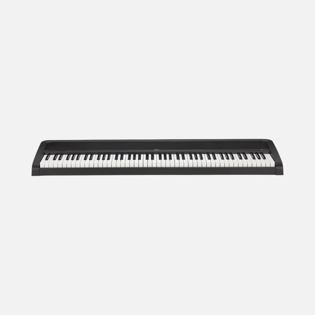 Korg B2 88-key digital piano in black, featuring a sleek design and full-size keys for an authentic playing experience.