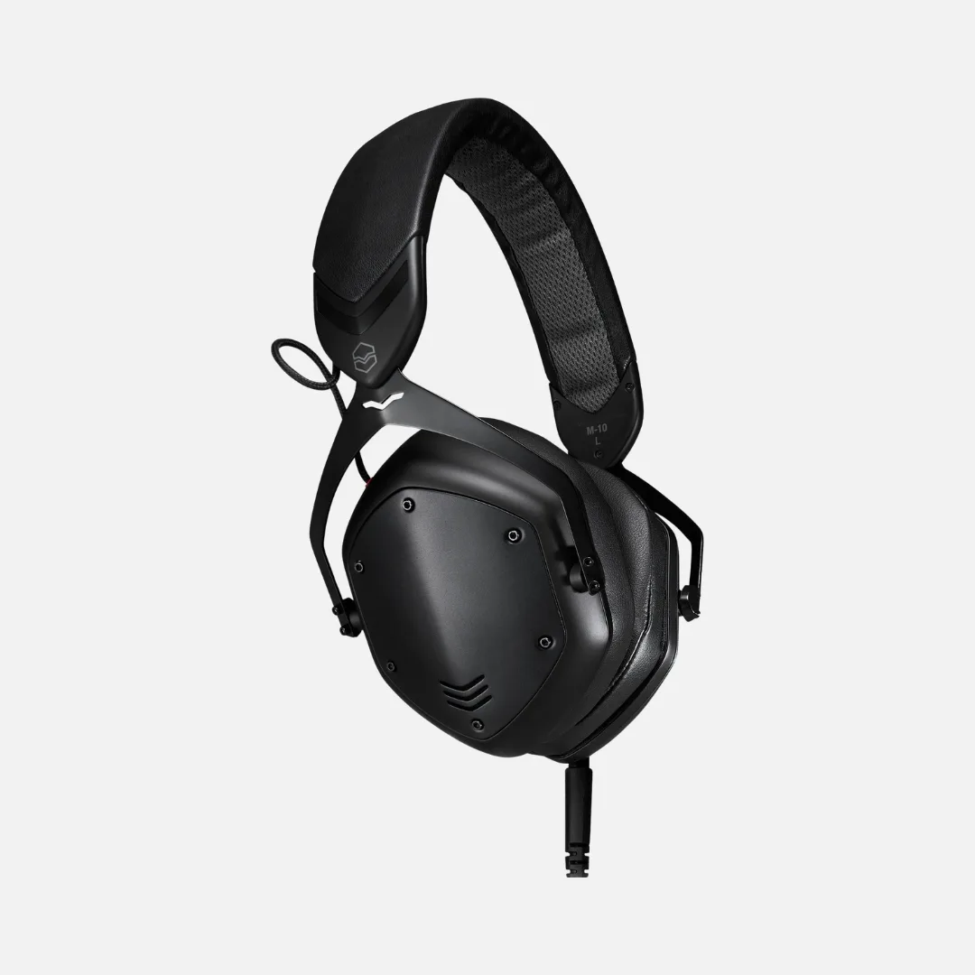 Black V-MODA M-10 headphones displayed against a neutral background, showcasing their sleek design.