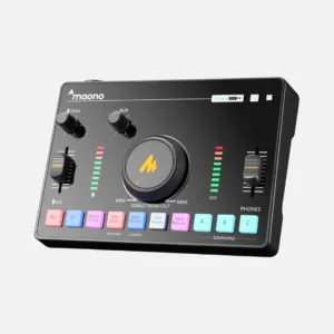 Maono AMC2 Neo audio interface mixer designed for streaming and podcasting, featuring multiple input options and controls.