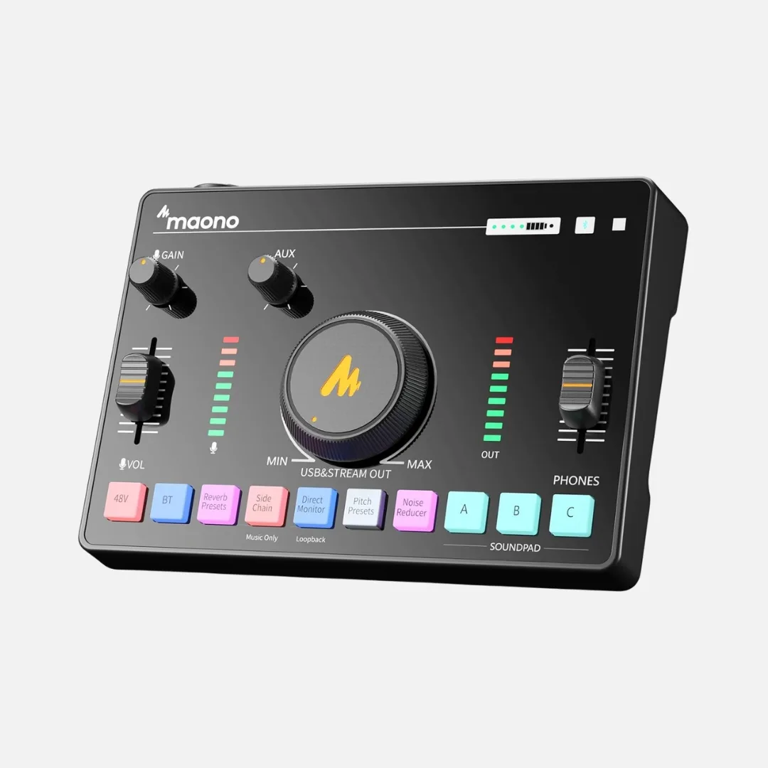 Maono AMC2 Neo audio interface mixer designed for streaming and podcasting, featuring multiple input options and controls.